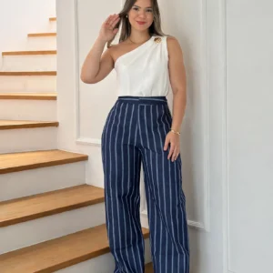 Calça Pantalona Listrada de Cintura Alta