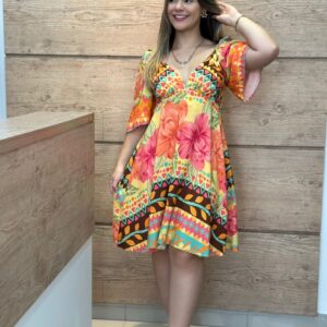Vestido Evasê Midi Floral Tropical