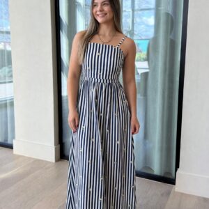 Vestido Longo Listrado Floral Marinho