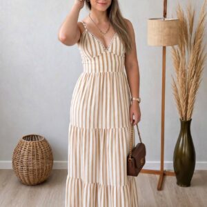 Vestido Longo 3 Marias Listrado Bege