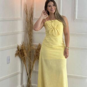 Vestido Amarelo Flor 3D