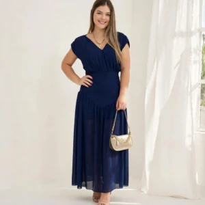 Vestido Longo Aurora em Chiffon - Azul Marinho